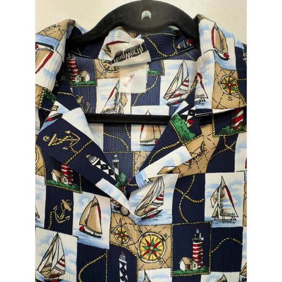 Vintage BonWorth Mens Nautical Print Short Sleeve Shirt M Navy Tan - Picture 4 of 12